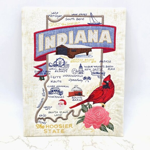 Vintage Finished Embroidery Picture Indiana Hoosier State Sampler Cardinal 10x12 - Picture 1 of 7